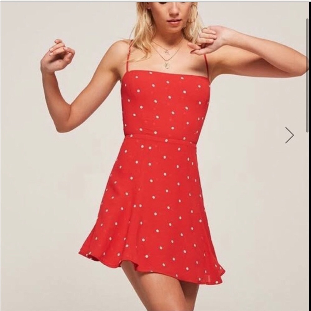 Reformation Stacey dress red + white polka dots